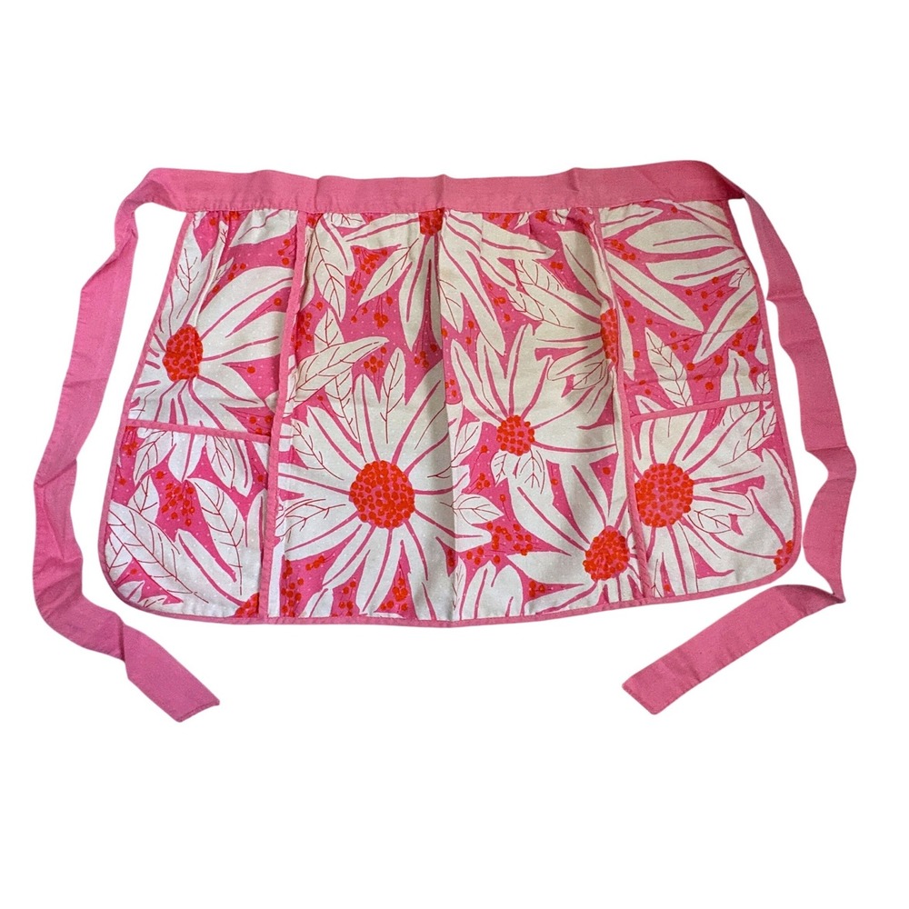 Vintage Vera Neumann Floral Apron Pink Orange Mid Century Modern Kitchen Pocket